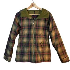 Burton Plaid DryRide Hooded Snowboarding Jacket SZ Small Green & Pink Puffer